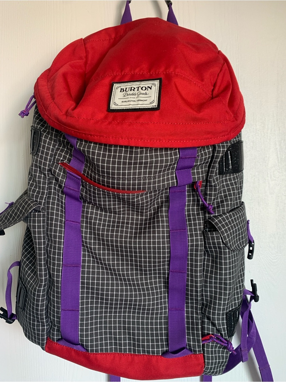Back to School or Work Burton Red Top Grid Backpack with Purple Straps